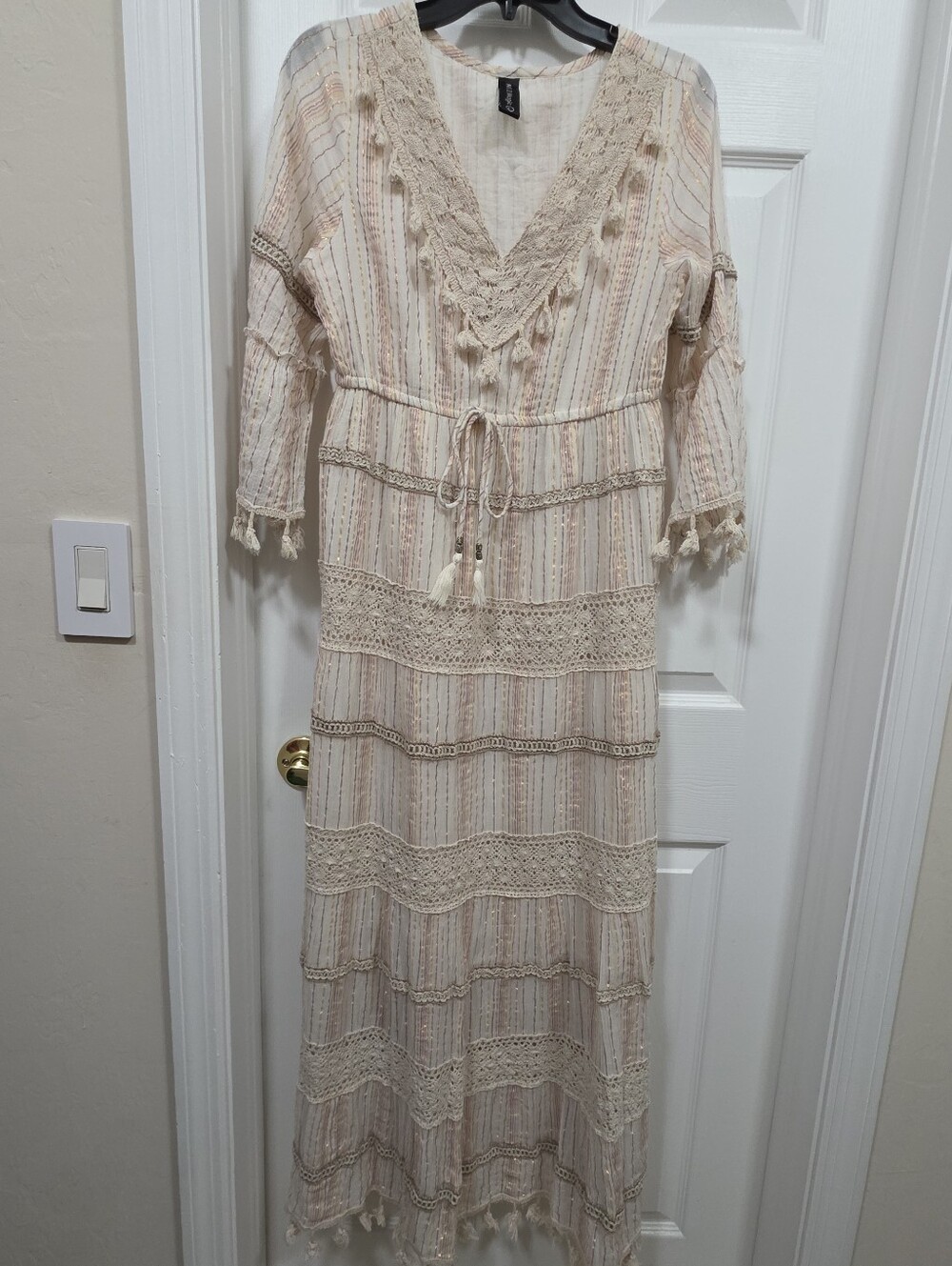 Anthropologie 100% Cotton Lined Boho Cream Crochet Tassel Trim Maxi Dress